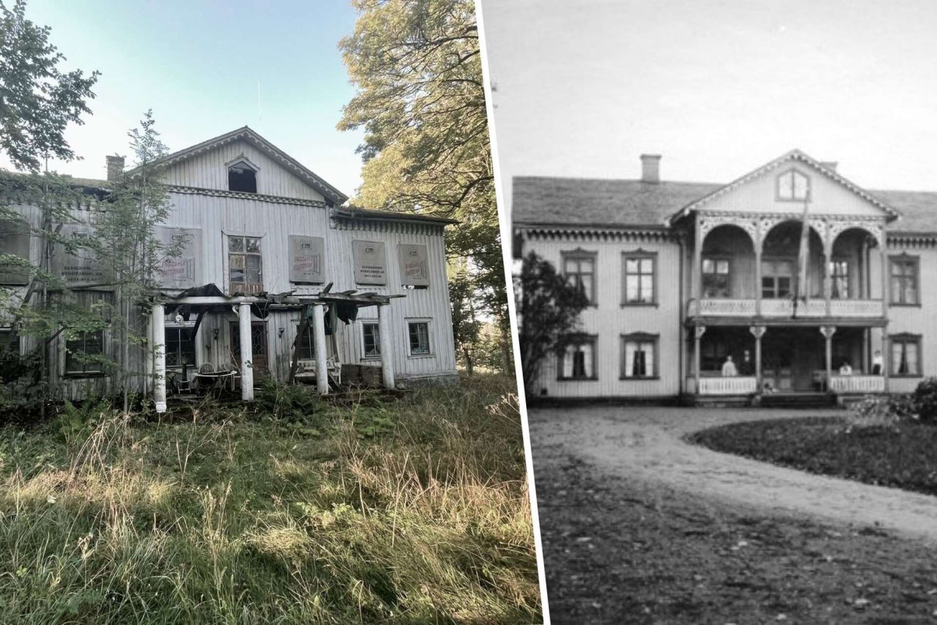 Huvudbyggnaden på gården som den ser ut idag i jämförelse med hur den såg ut i början av 1900-talet.
