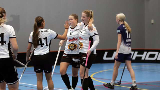 Sex gånger fick Åmål/Billingsfors målfira i segermatchen mot Karlskoga. Sanna Blixt (höger) gjorde tre mål medan lillasyster Sofia Blixt (mitten) stod för 1+1. Joline Carlsson (vänster med 41 på ryggen) bidrog med 1+1 hon också.