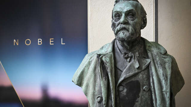 En staty av Alfred Nobel på Karolinska Institutet i Stockholm. Arkivbild.