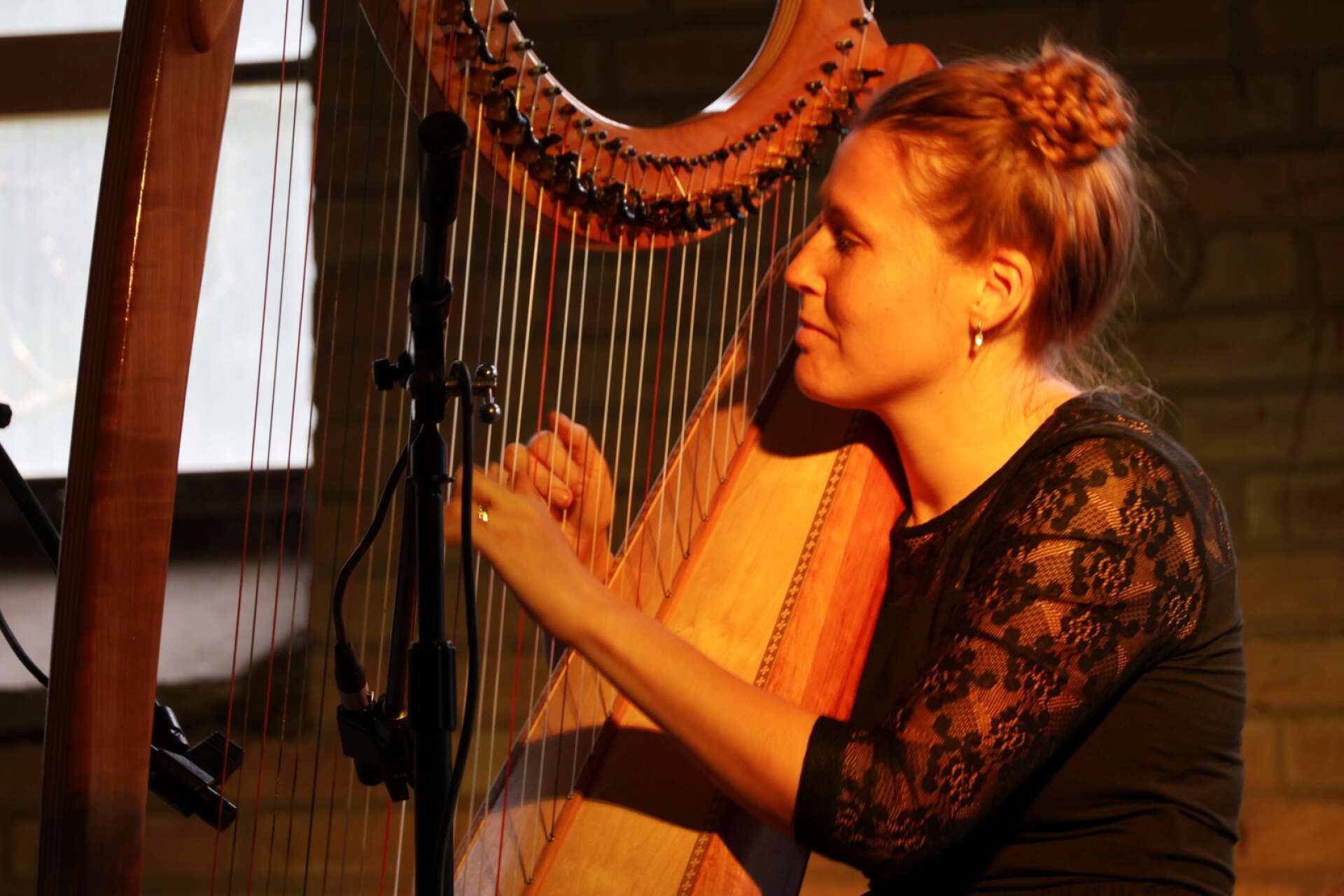 Marie Christenssen inledde kvällen på bruket med att fånga besökarna genom att spela harpa.