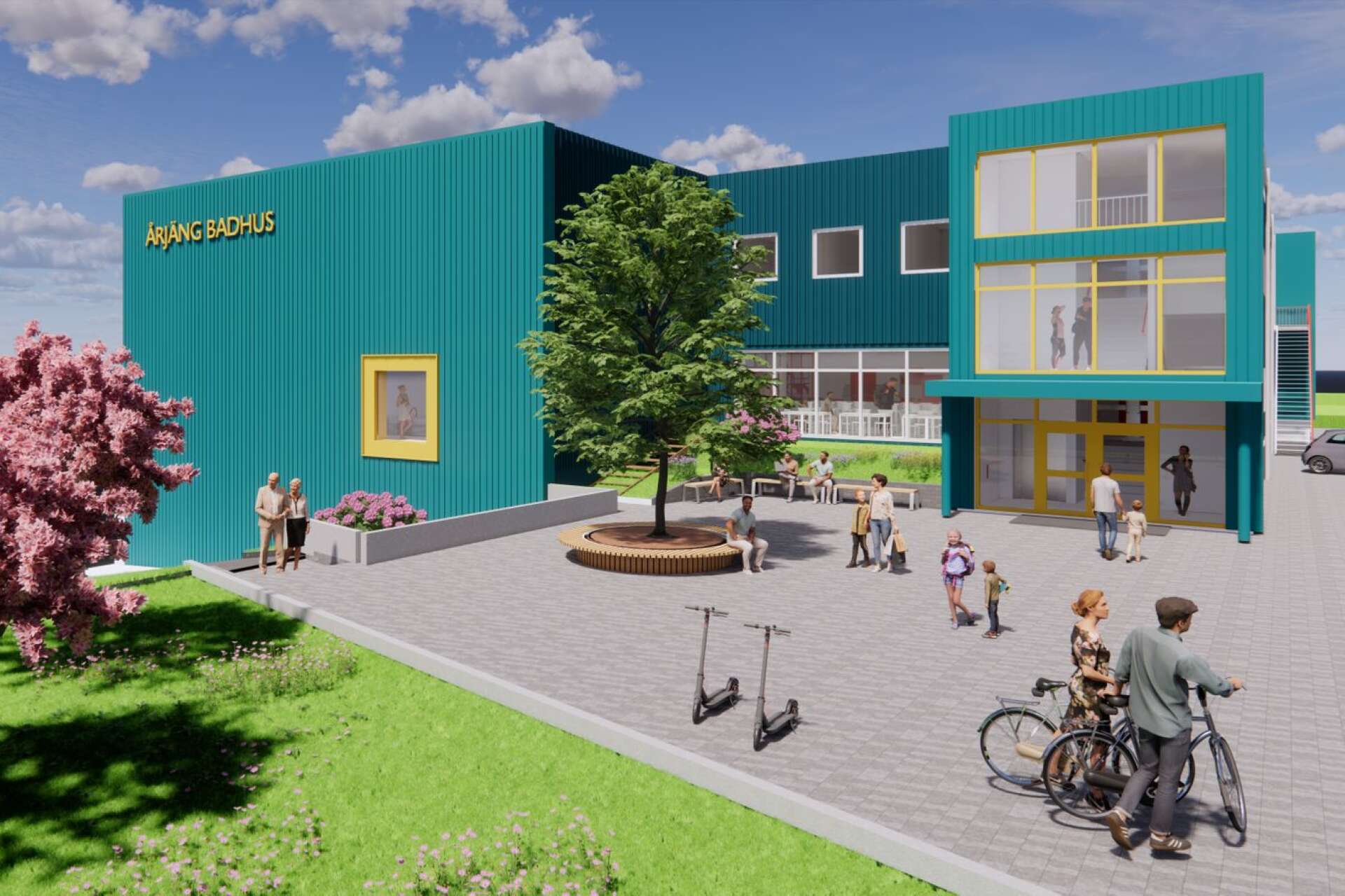 Ungefär såhär kommer den nya simhallen i Årjäng att se ut. Exakt hur färgsättningen på byggnaden kommer att bli är inte beslutet än.