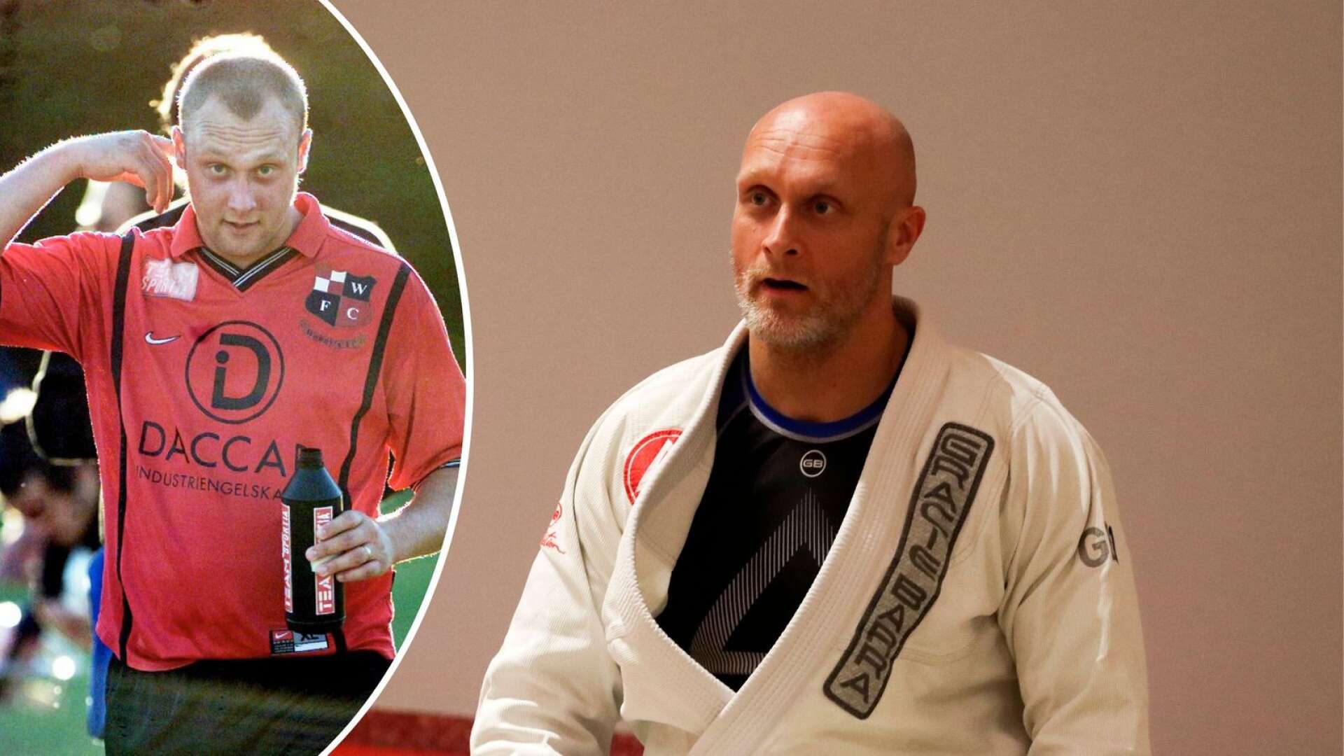 Anders Pedersen som anfallare i Woody’s FC i början av 2000-talet och nu som brasiliansk jiu-jitsu-utövare i Karlskoga Budoklubb.