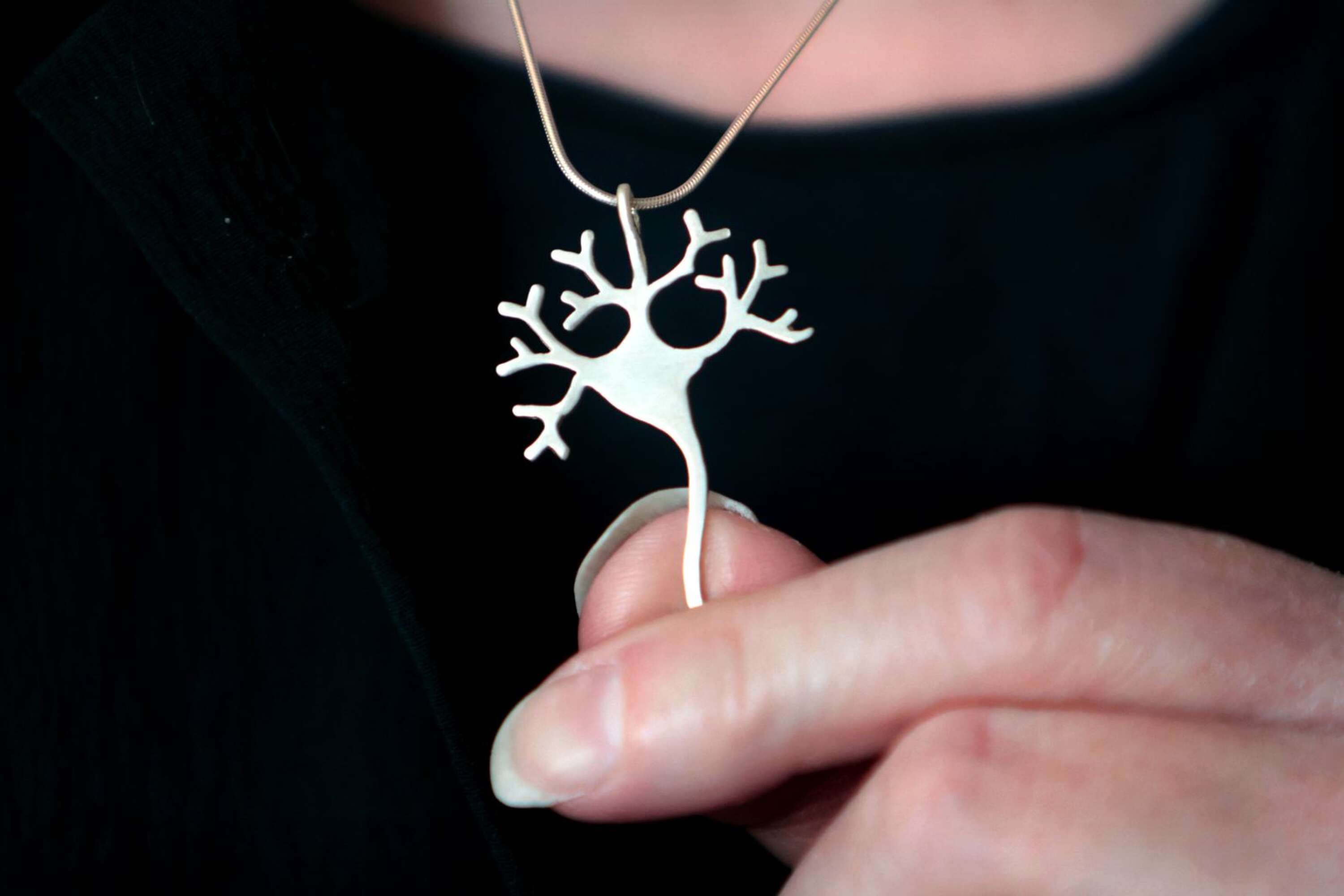Neuroner eller nervceller har spelat en viktig roll i Anna-Karins återhämtning. ”Så jag ville ha ett neuron som smycke”, säger Anna-Karin. Hon fick ett specialbeställt hos silversmeden Jenny Risfelt.