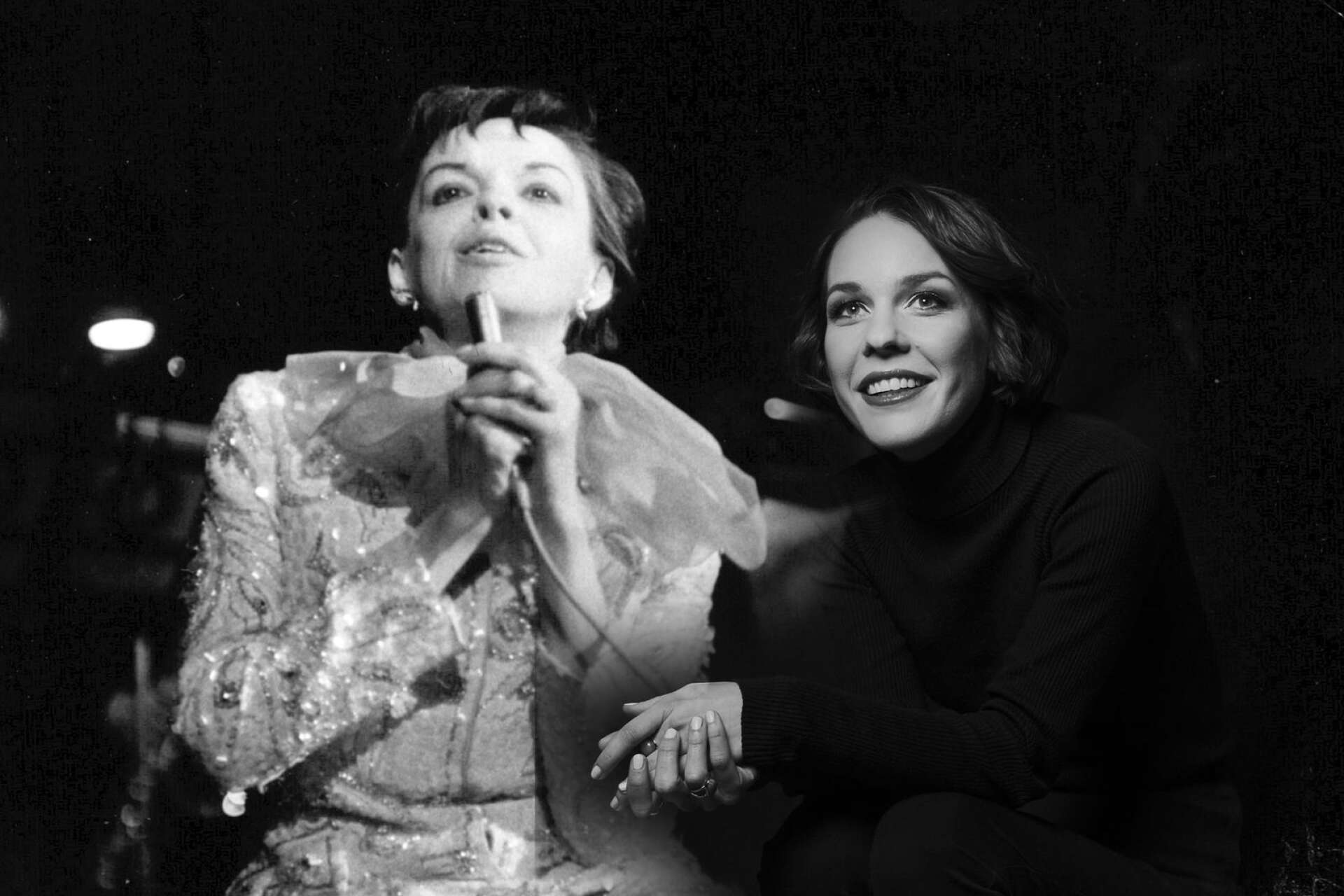 Judy Garland sjunger ”Over the rainbow” i Malmö 1969, samma år som hon dog. Nu hyllas hon av den värmländska artisten Isabella Lundgren (till höger) Bilden är ett kollage. 