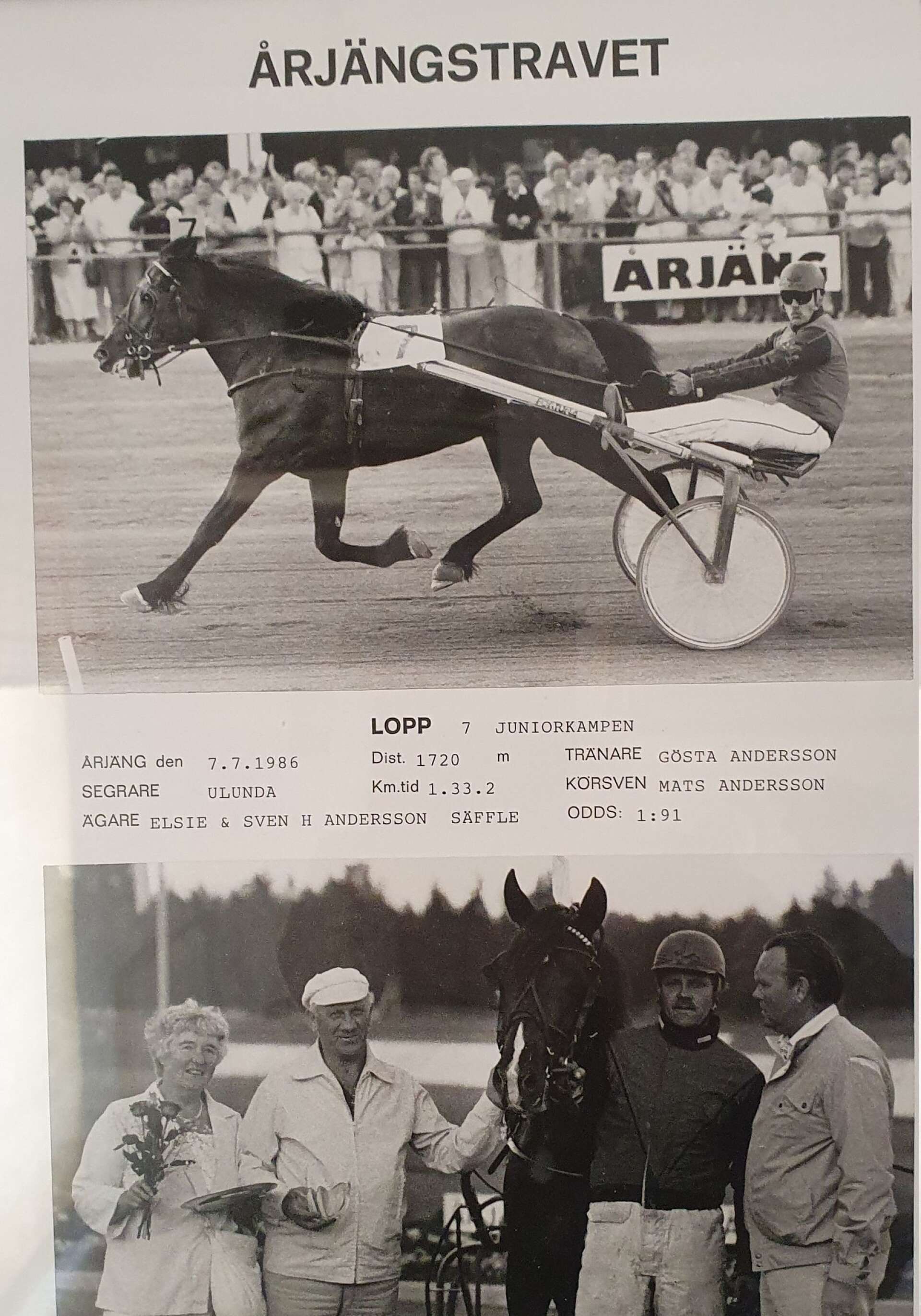 Klassisk segrarbild från en Ulundaseger i Årjäng. Äagarna Elsie och Sven Andersson samt Mats Andersson som körsven. Mats pappa Gösta står som tränare