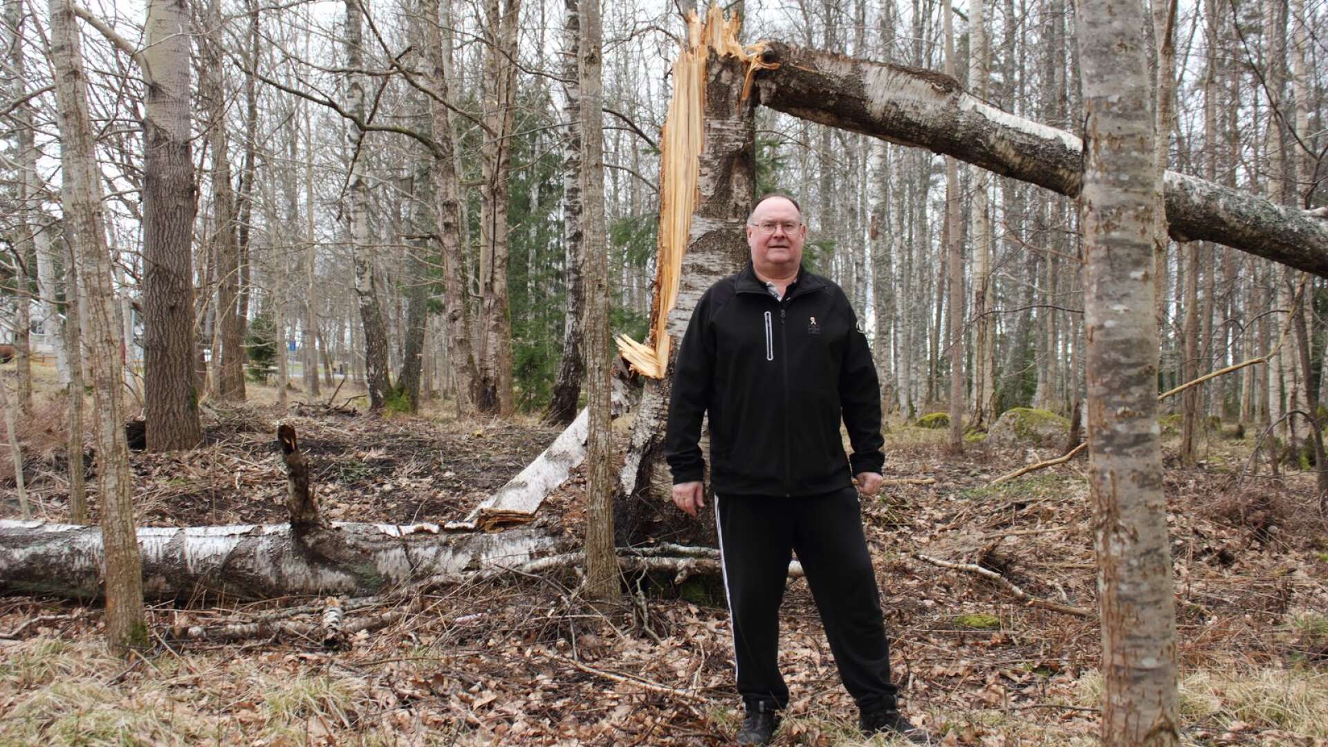 Kjell Reinholdsson, djupt oroad över träden i skogsområdet nära tomterna.