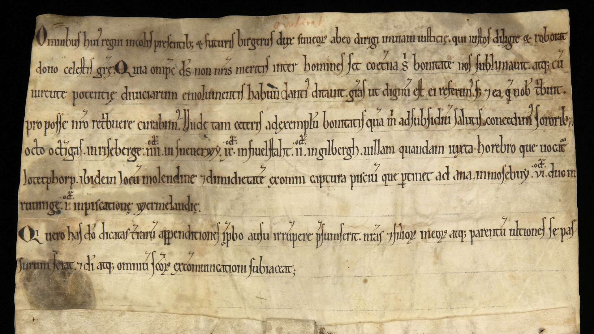 Bilden visar det äldsta medeltidsbrevet där Värmland omtalas. Brevet kan dateras till mellan åren 1180-1200. Det är skrivet av Birger Brosa som var jarl i Sverige vid den tiden och hans sigill hänger under brevet. Birger Brosa meddelar i brevet att han ger en del av fisket i Värmland till Riseberga kloster. Fisket låg i Klarälven vid Deje. I brevet ger han också gårdar utanför Värmland till samma kloster.
