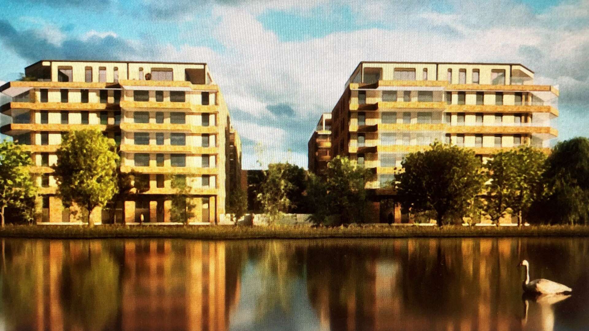 Ungefär så här är tanken att Skanskas nya sjuvåningshus vid Kanikenäsbanken i Karlstad ska se ut. De två första av totalt fyra hus är tänkta att stå klara sommaren 2025.