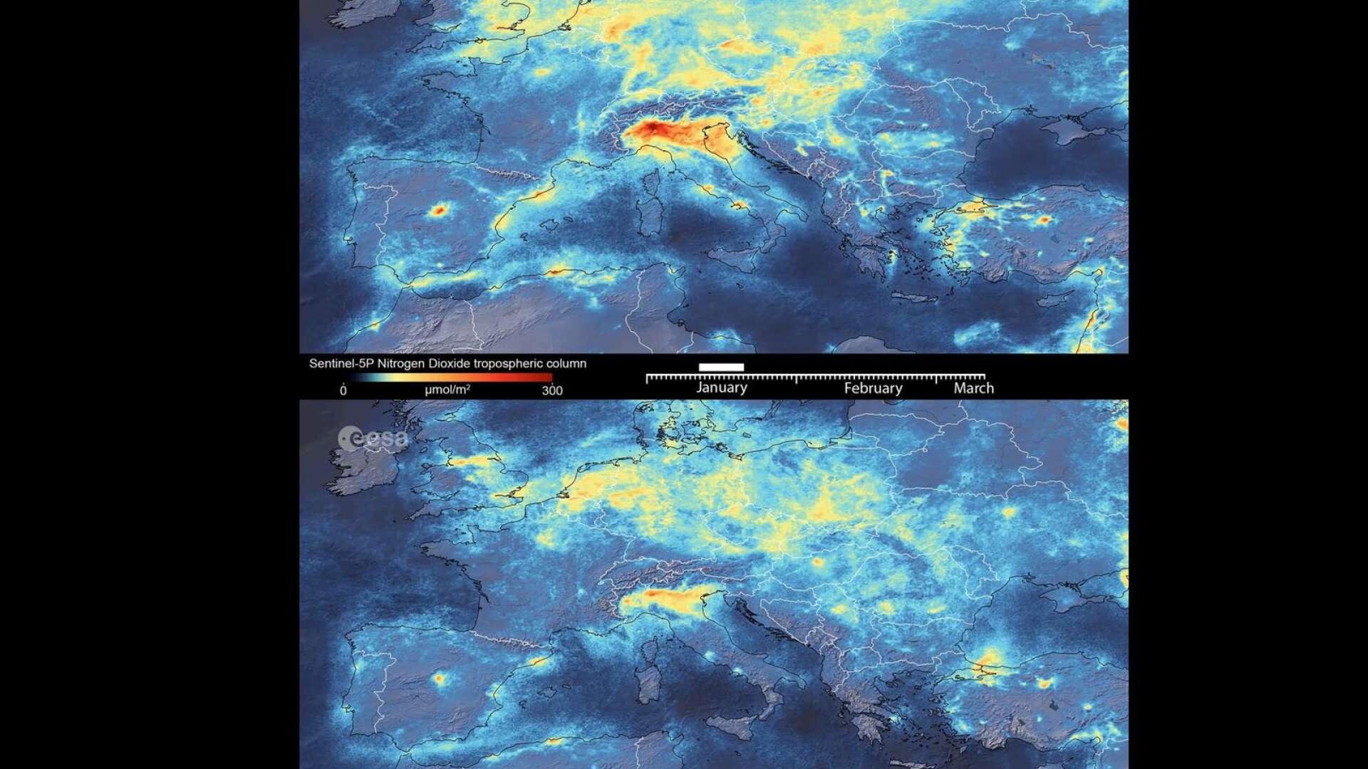 Satellitbilder visar nu att utsläppen av den giftiga gasen kvävedioxid minskar över Europa. Förändringen är tydligast i norra Italien. Den Europeiska rymdstyrelsen ESA tolkar det som en följd av karantänåtgärder och minskat resande på grund av det nya coronaviruset, i likhet med hur utsläppen tidigare har minskat kraftigt i Kina. 