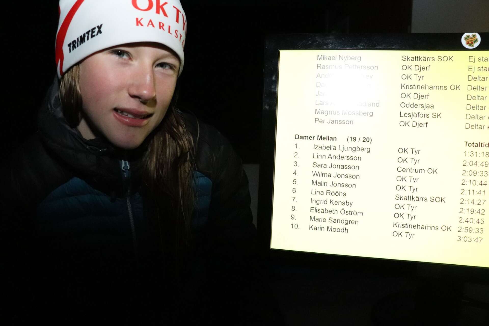 Izabella Ljungbergs namn ståtar överst på bildskärmen efter Kristinehamns nattcup. Hon vann alla tre etapperna och var i totaltid över 30 minuter snabbare än tvåan.