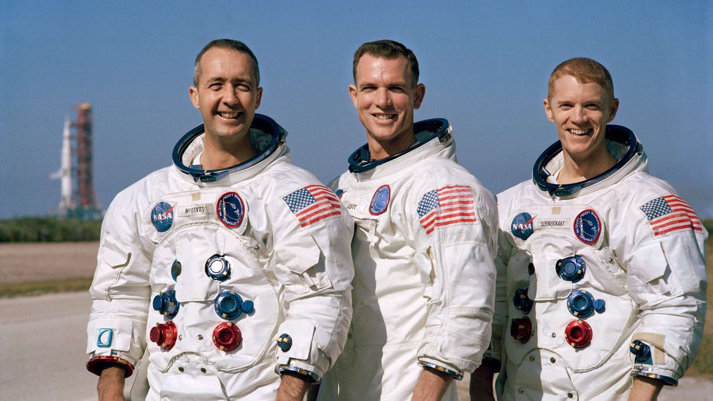 Besättningen på Apollo 9: Jim McDivitt, Dave Scott och Rusty Schweickart.