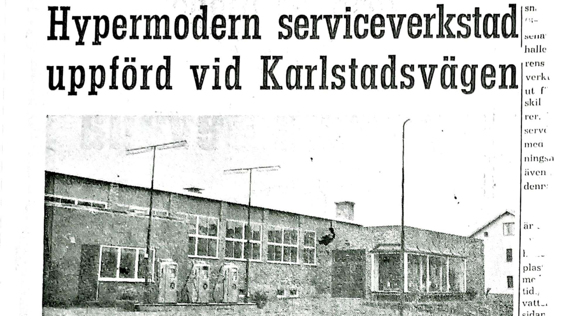 Ett tidningsurklipp från Säffle-Tidningen 16 juli 1954 berättar om Heintz nya serviceverkstad som då stod färdig att öppnas vid Karlstadsvägen.