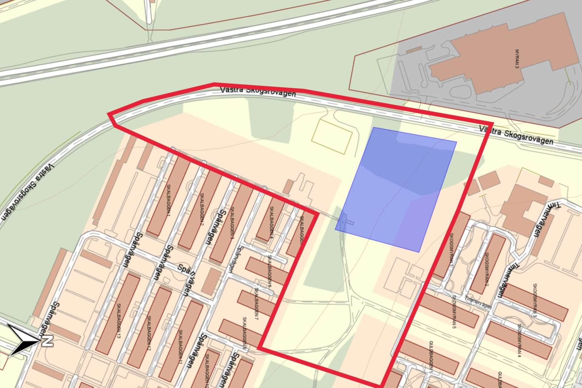 Det blåmarkerade fältet inom den röda markeringen är avsedd för bostadsbyggnation. Till vänster om platsen, där en hundrastgård i dag finns, planerar regionen att Hälsans hus.