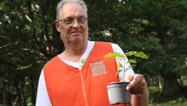 Naturskyddsföreningens ordförande Jan Bertilsson planterade en ung ekplanta då Gamla Ekudden firade 30 år.