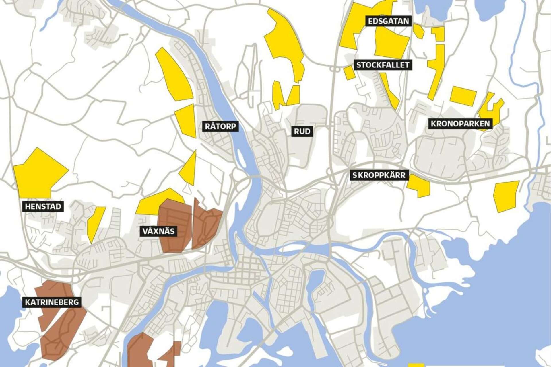 Det planeras för upp till 30 000 nya bostäder i Karlstad i den nya översiktsplanen som sträcker sig fram till 2050. De flesta hamnar i de områden som är markerade med gult på kartan.