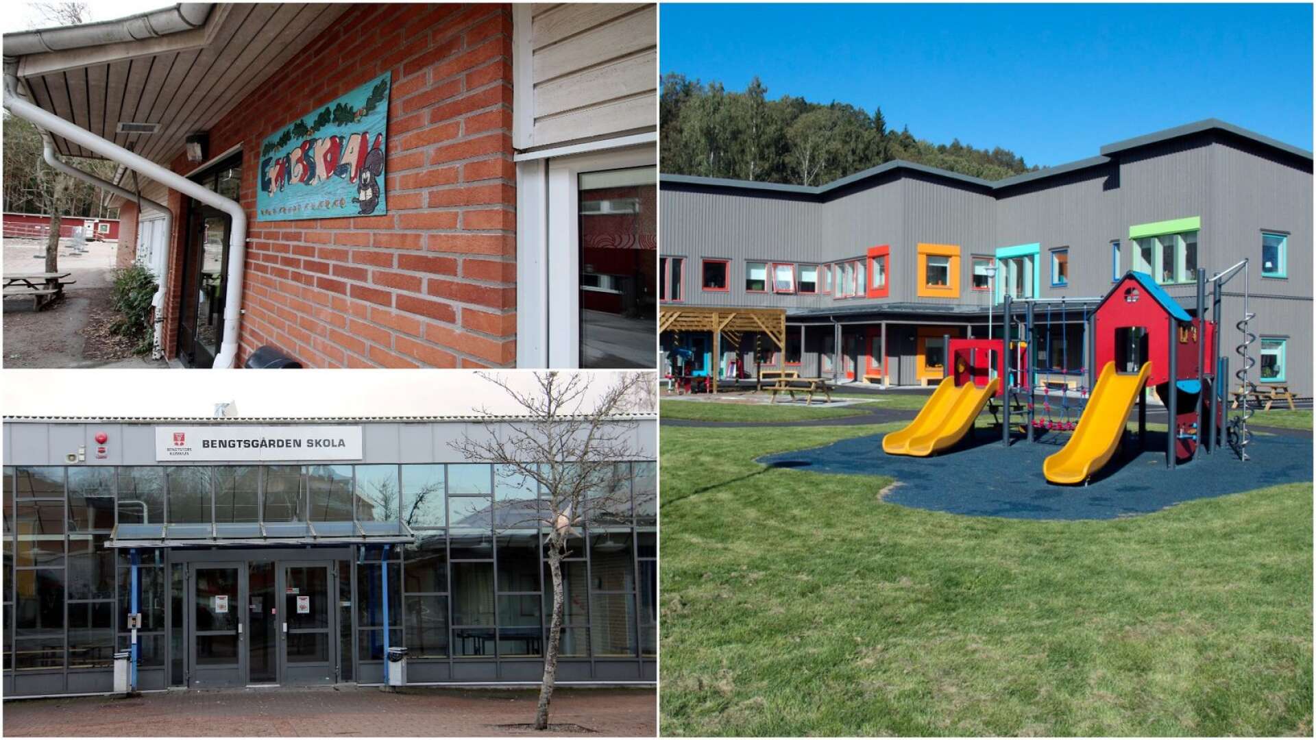 Nu har även Långevi förskola i Bengtsfors (till höger i bild) drabbats av covid-19-smitta. Tidigare i veckan konstaterades fall på Ekhagsskolan i Dals Långed (ovan till vänster) och Bengtsgården i Bengtsfors (nedan till vänster).