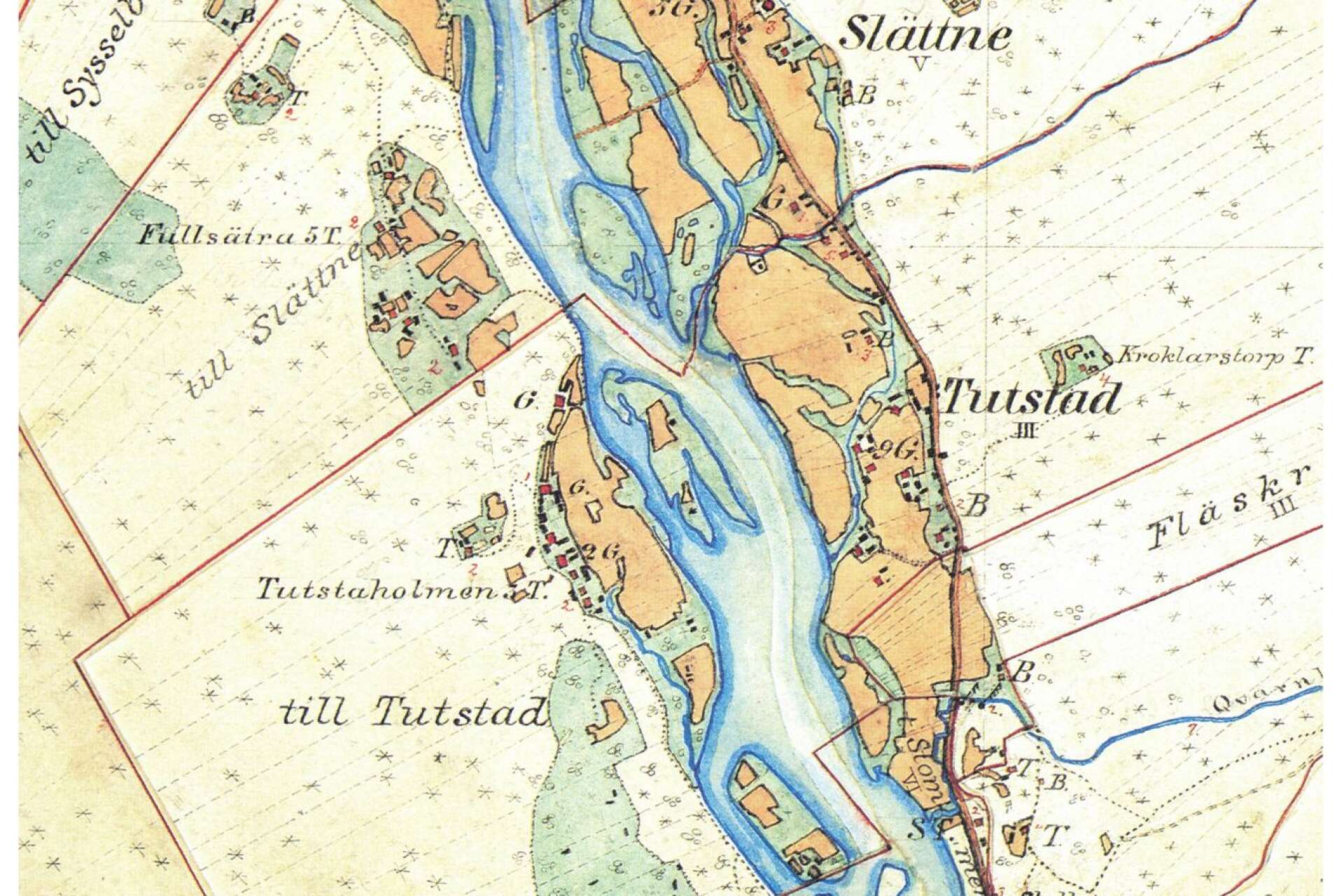 Ett exempel på utflyttning genom laga skifte. Gårdar i Tutstad i Ovansjöbygden blev så hopträngda att några fick flytta till andra sidan av Klarälven, till Tutstadholmen, men fortfarande på samma hemman. (Ekonomiska kartan 1893–95)