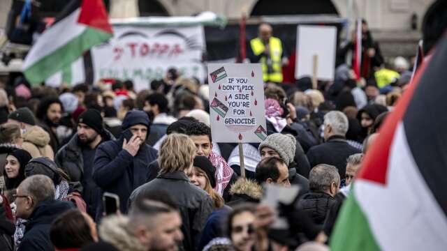 ”Den ideologiska enögdheten gör att det ofta inte blir mer än pliktskyldiga fördömanden av Hamas terrordåd”, skriver ledarskribenten. Bilden är från Malmö och söndagens propalestinska demonstration.