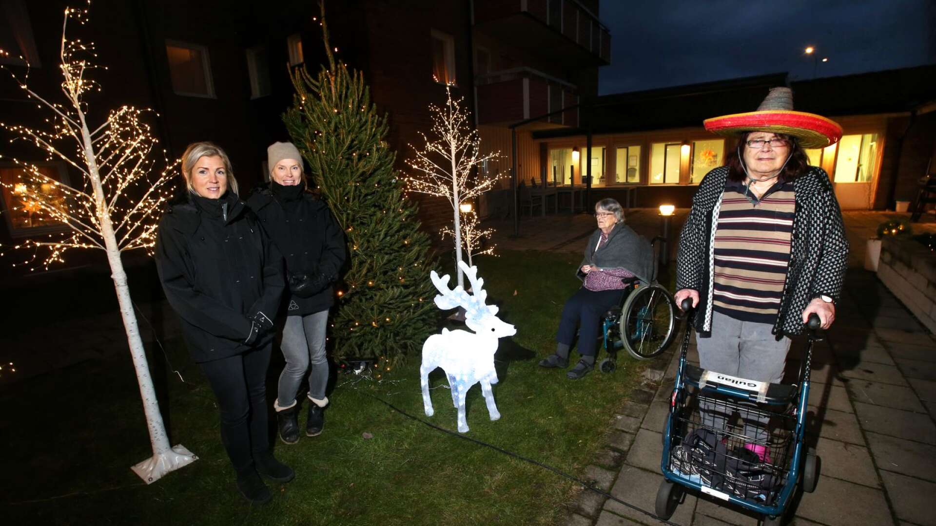 Siv och Gullan på Våxnäs trygghetsboende tar en titt på julbelysningen som Helena Hildén och Anne-Marie Kindbom från Clas Ohlson har satt upp