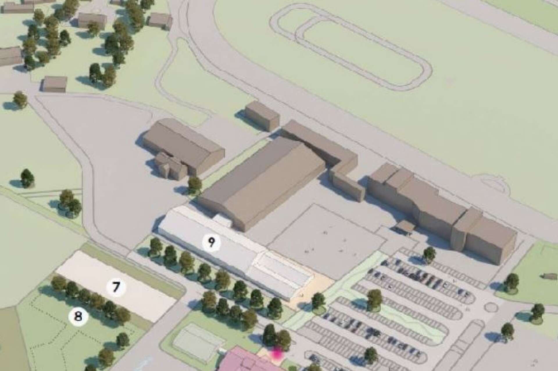 Bygglov har beviljats för ett nytt ridhus vid Axevalla Travbana. Det är den ljusa byggnaden markerad med 9 på kartan. Illustrationen är från detaljplanen.