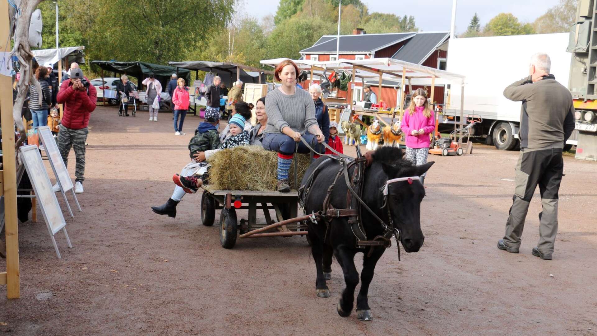 Andrea Backlund och ponnyn Filifjonkan skjutsar runt på besökarna av Bondens marknad i Brattfors.