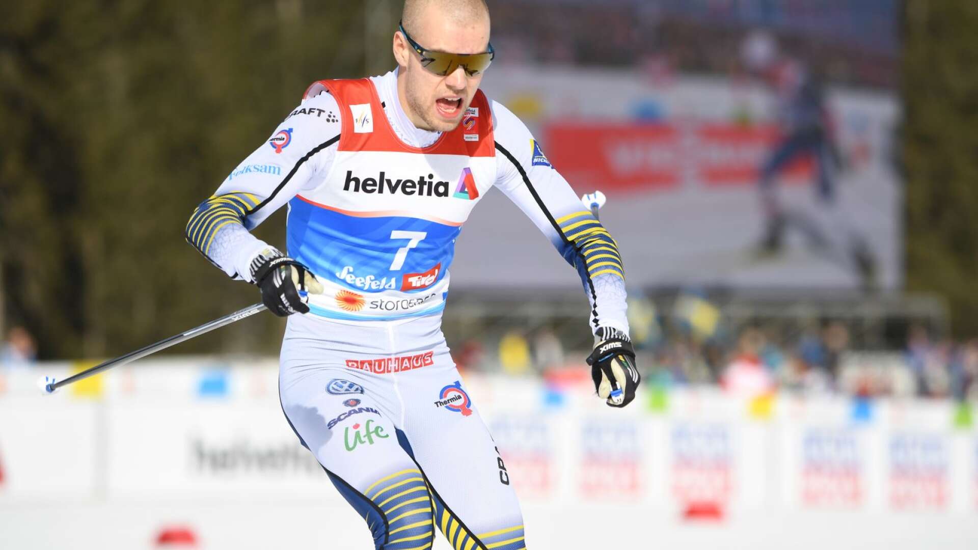 Viktor Thorn under herrarnas sprint kval vid skid-VM i Seefeld. 