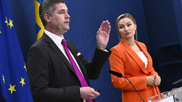 Oscars Sjöstedt (SD) och energi- och näringsminister Ebba Busch (KD) presenterar sänkt skatt på bensin och diesel från 2024.