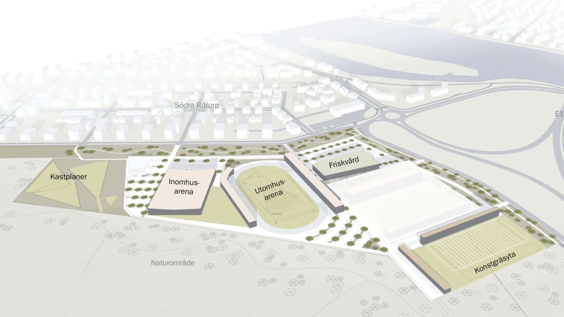 Så här är det tänkt att Sannafältets sportcenter ska se ut. I en första etapp finns en inomhusarena, en utomhusarena och en konstgräsplan med på kartan. Två av dem med byggstart 2020. En fotbollsarena och en fastighet har tills vidare lyfts ur planeringen, det är de vita områdena.