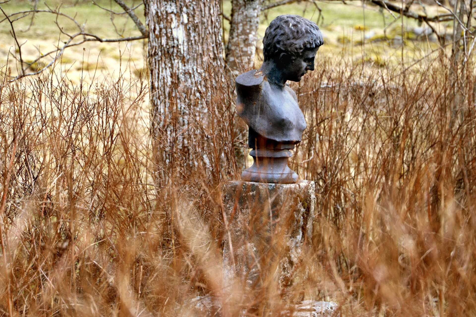 En staty av Hermes har fått en lugn oas i trädgården.