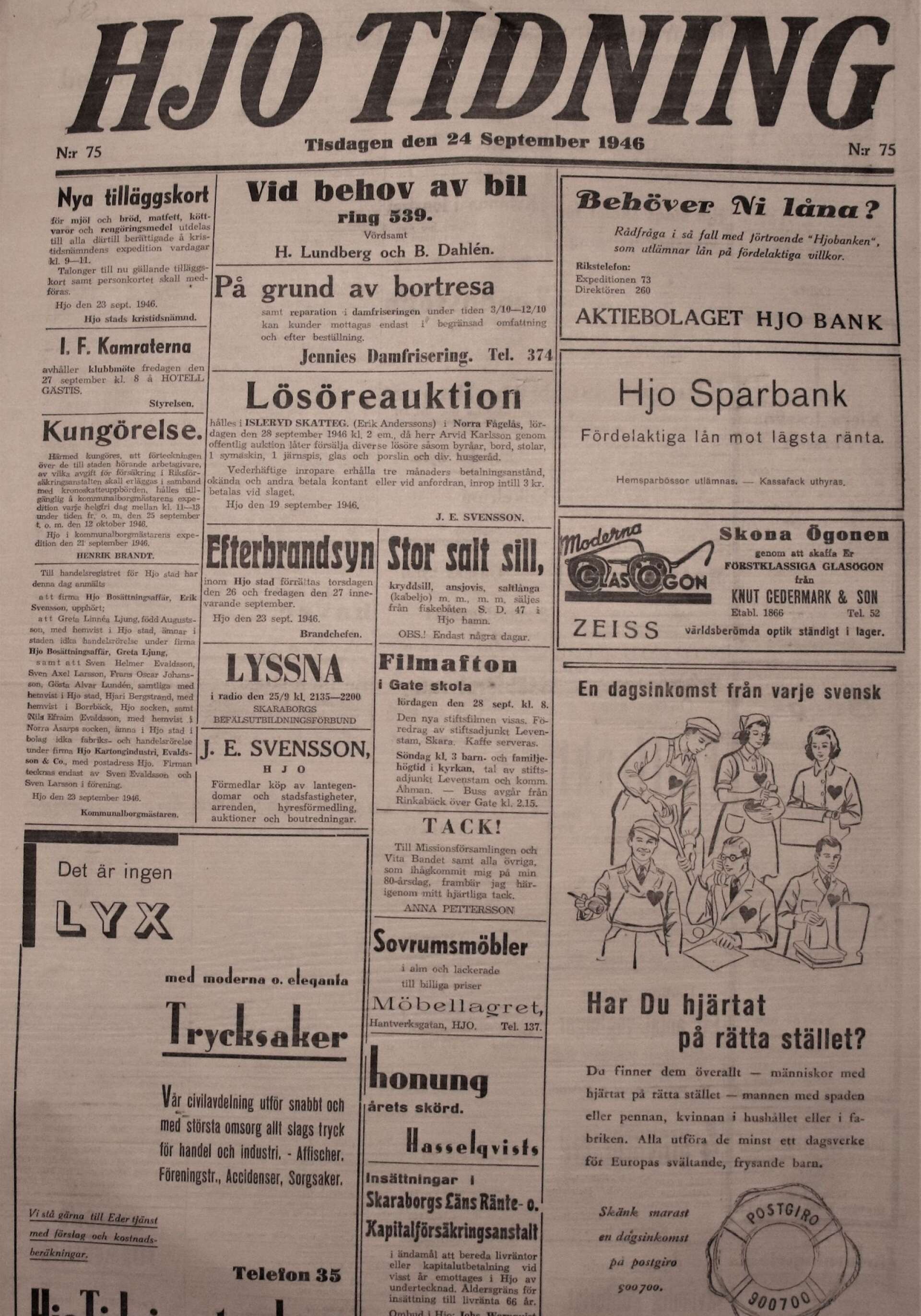 På 1940-talet dominerade annonser förstasidan. Här ett exempel från 1946.