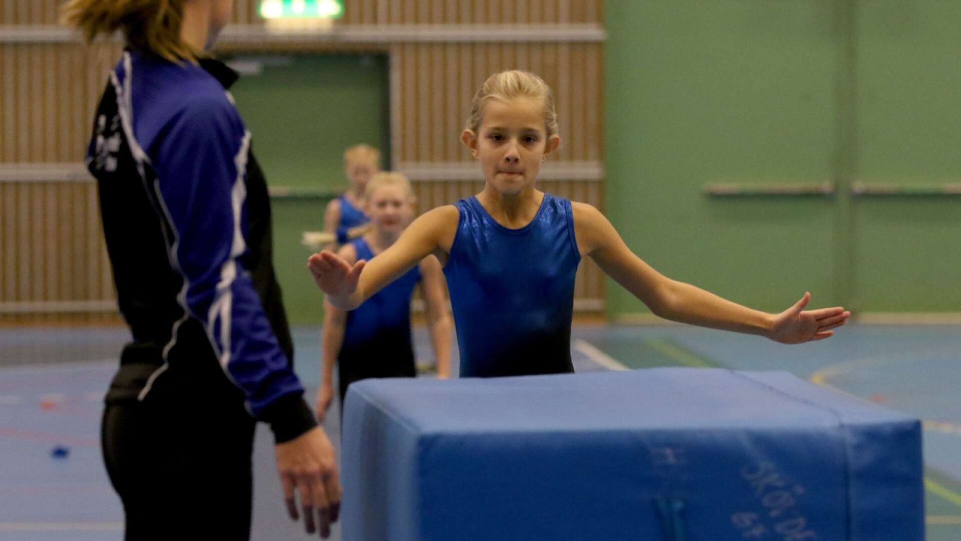 Skövde GF arrangerade Skaraborgscupen i gymnastik i Arena Skövde. Gymnaster ifrån Skövde GF:s juniortrupp vit syns på bilden.
