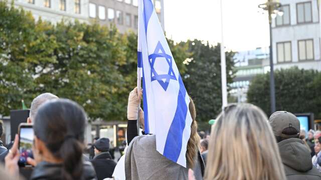 Israelisk flagga visas under en proisraelisk demonstration i Stockholm i helgen.