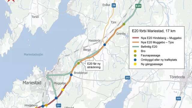 Så här tänker sig Trafikverket etappen Förbi Mariestad. Inom kort kommer arbetet med sträckan Hindsberg-Muggebo att inledas. 