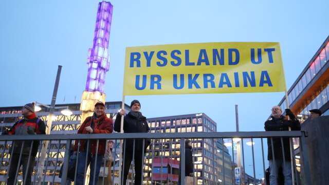 Stödet till Ukraina måste öka, skriver ledarskribenten. Bilden är från manifestationen Sverige står upp för Ukraina som Måndagsrörelsen och Aktionsgruppen Ryssland ut ur Ukraina arrangerade på Sergels torg, Stockholm.