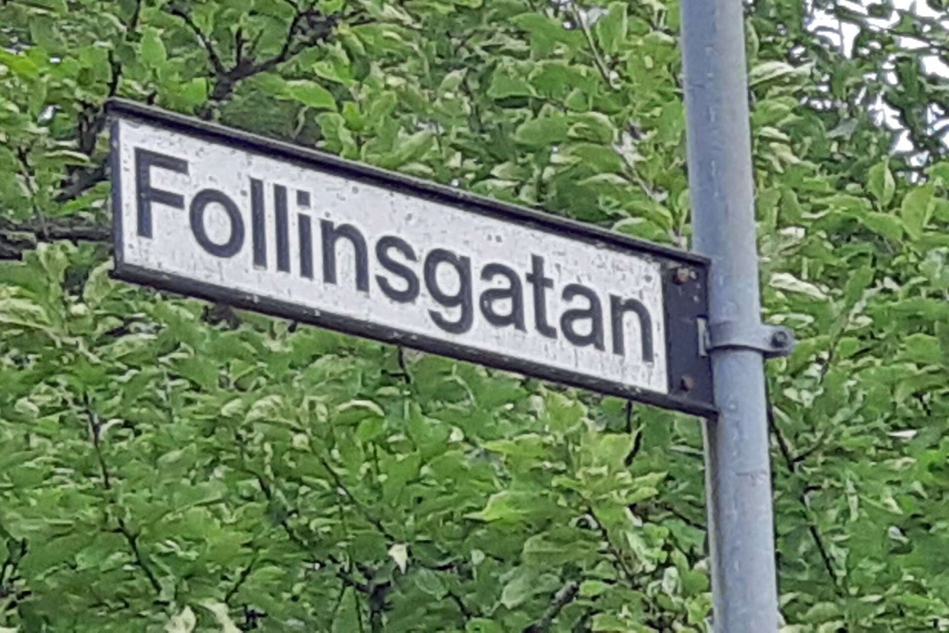 Gatunamnet skall hedra en av Billeruds grundare, men något blev fel när gatunamnet bestämdes. Follinsgatan blev felstavad. Namnet var Folin och gatan skulle förstås ha döpts till Folinsgatan.