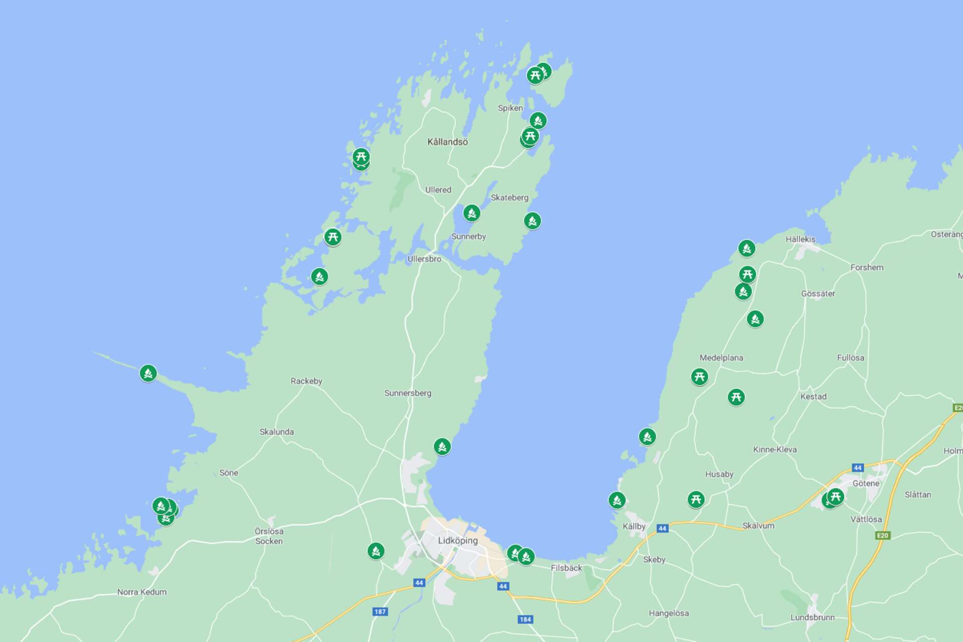 Destination Läckö-Kinnekulles karta över grillplatser och vindskydd. 
