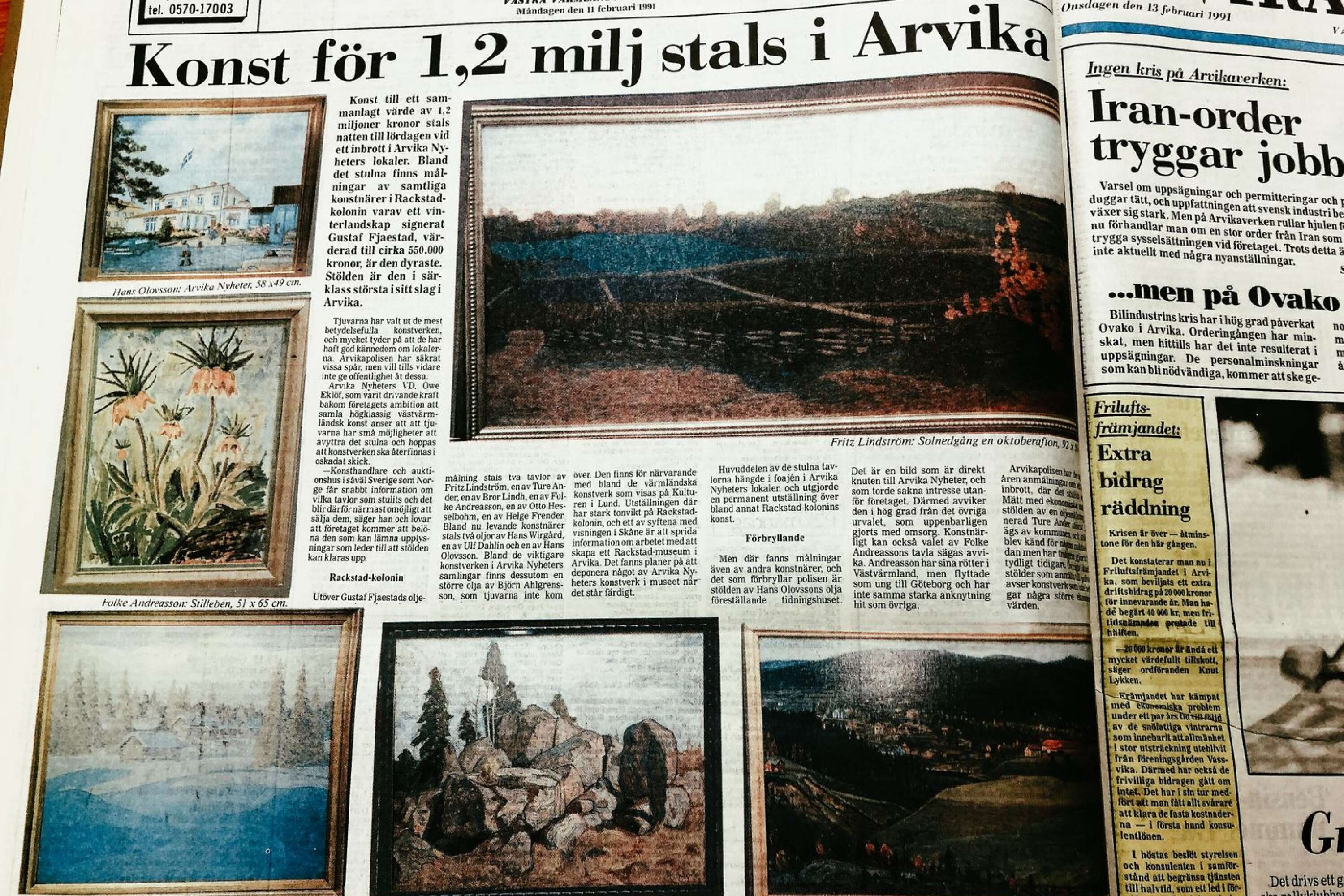 ”All konst var väl registrerad så den måste ha varit fruktansvärt svårsåld”, säger Staffan Ander. Bild på ett nummer av AN från den 11 februari 1991. 