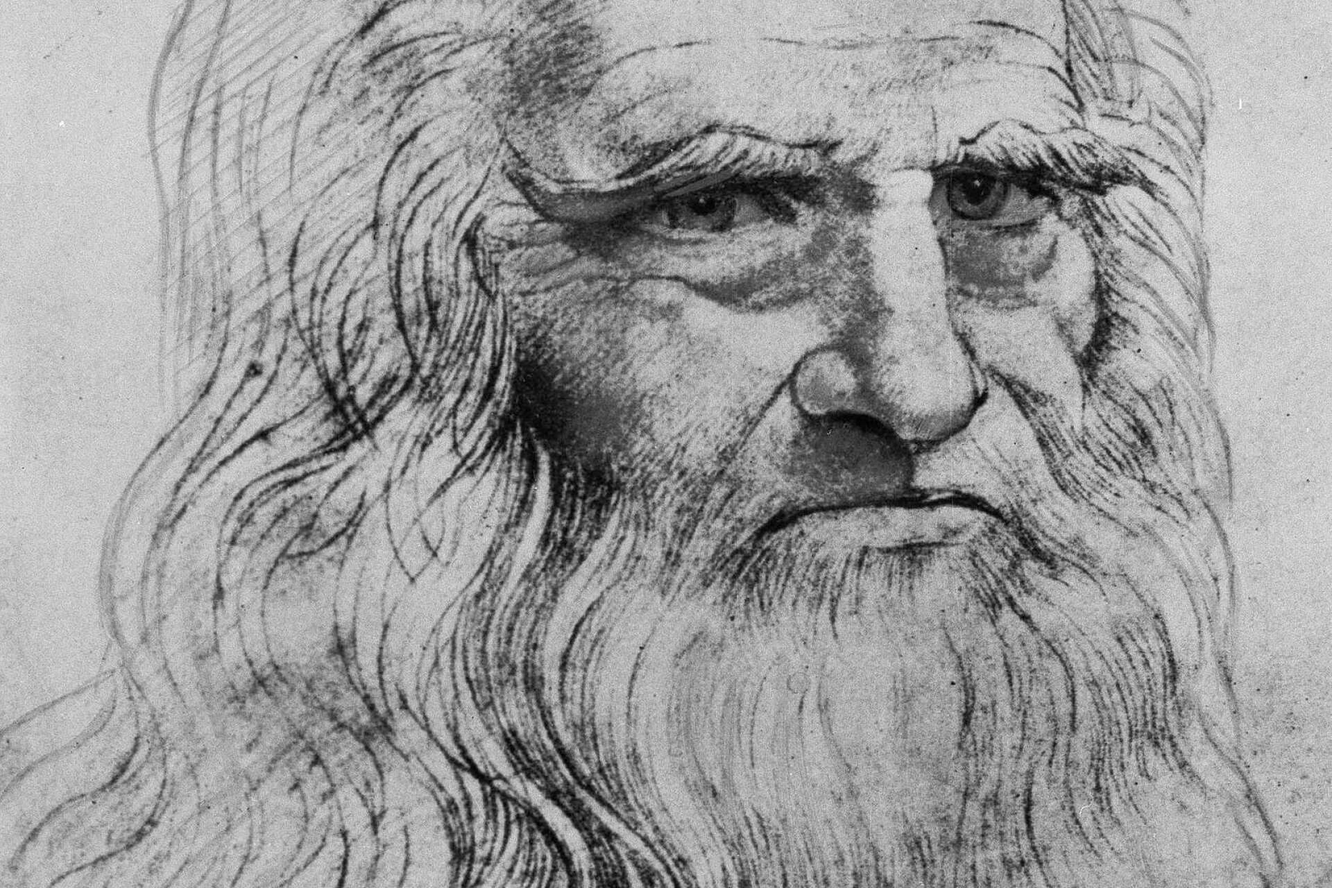 Självporträtt av Leonardo da Vinci. Han föddes den 15 april 1452 och dog 2 maj 1519. Han var konstnär, men också arkitekt, ingenjör, uppfinnare, naturforskare, matematiker, musiker och filosof.