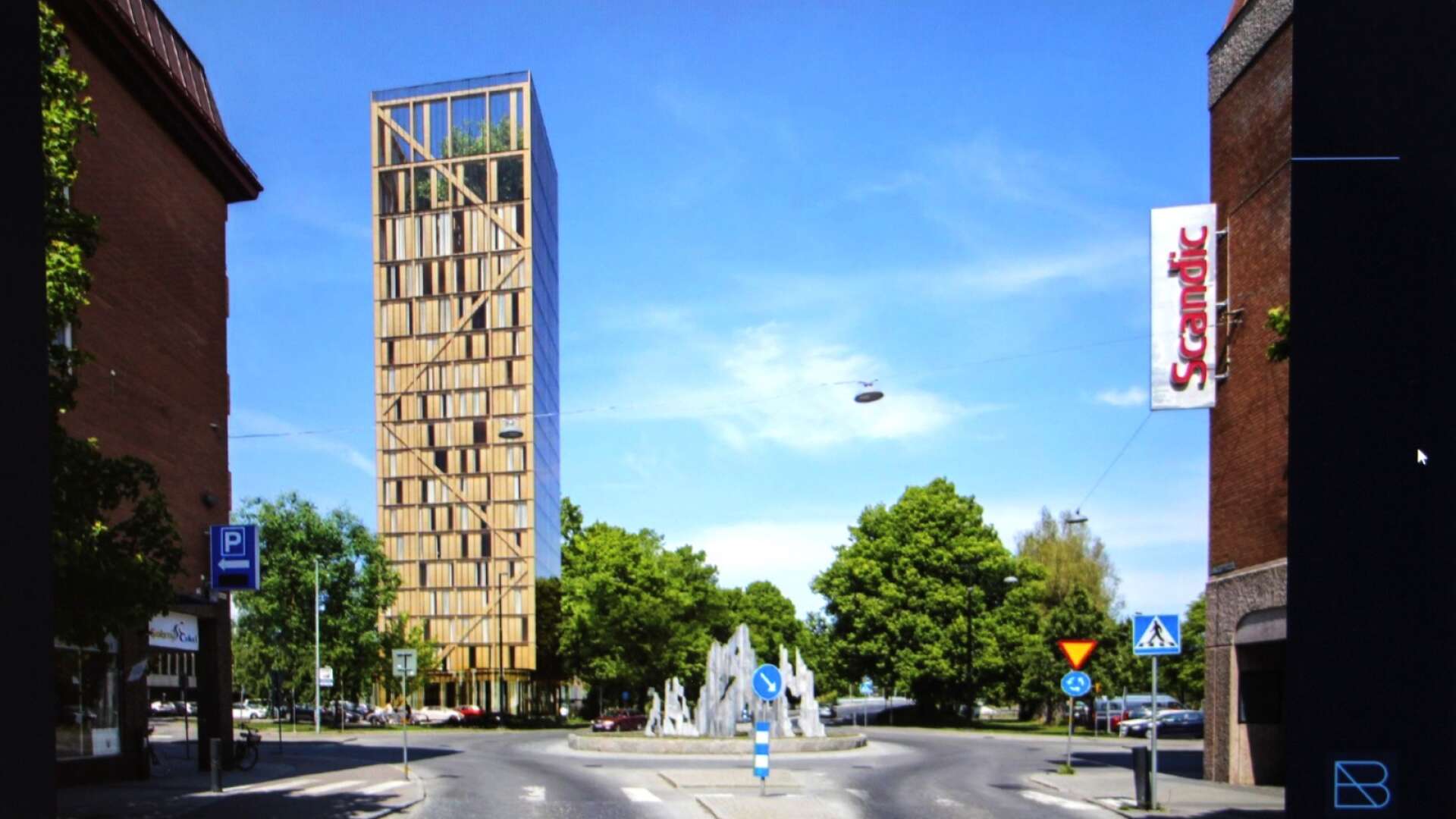 Den norska koncernen AB Invest vill bygga ett 100 meter högt hotell med 240 rum helt i trä i Karlstad. Tanken är att det ska placeras på en del av parkeringen mellan Bibliotekshuset och Sandgrund Lars Lerin och intill Klarälven.