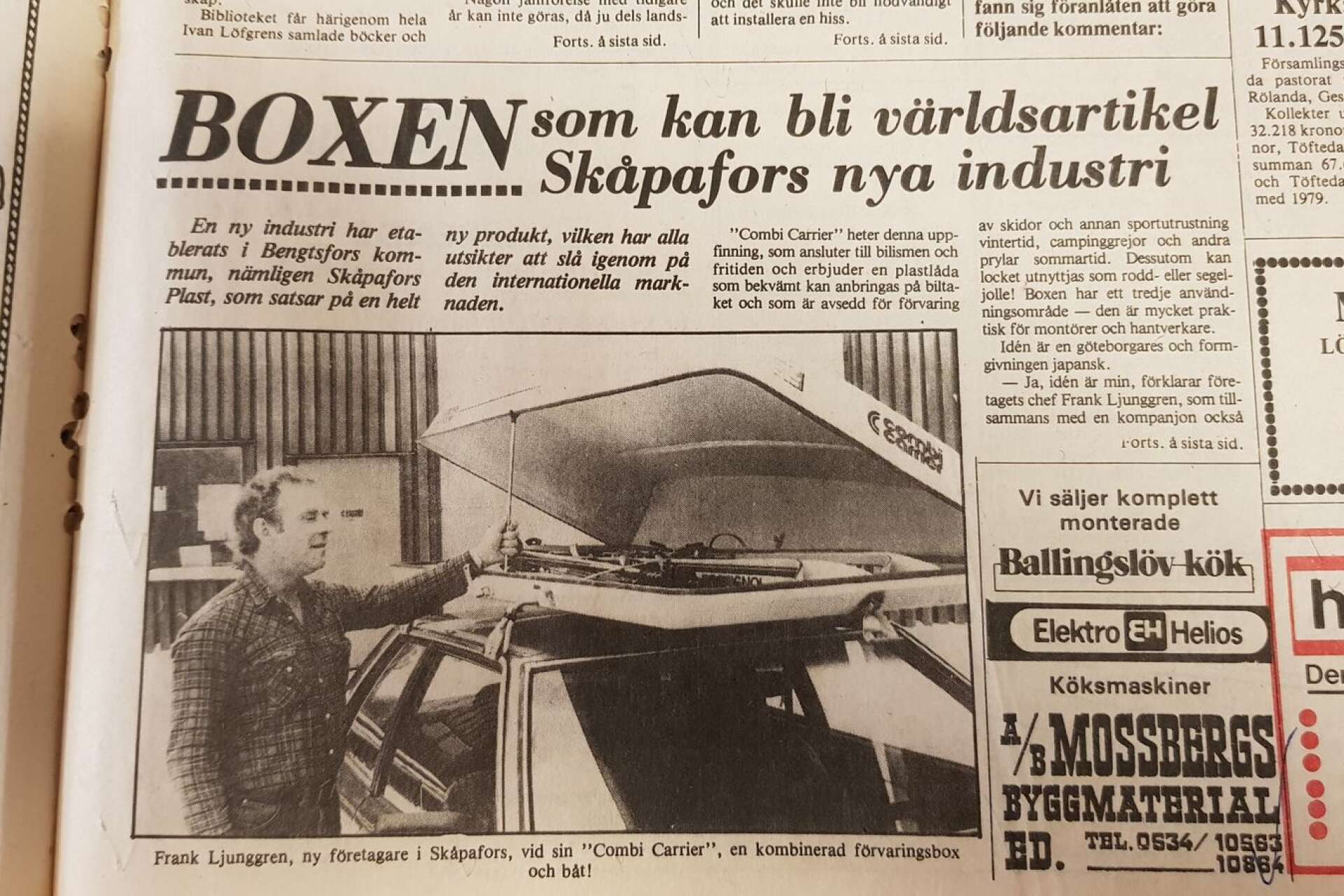 Från första sidan i Dalslänningen den 27 februari 1981. Frank Ljunggren förevisar takboxen tillverkad i Skåpafors.