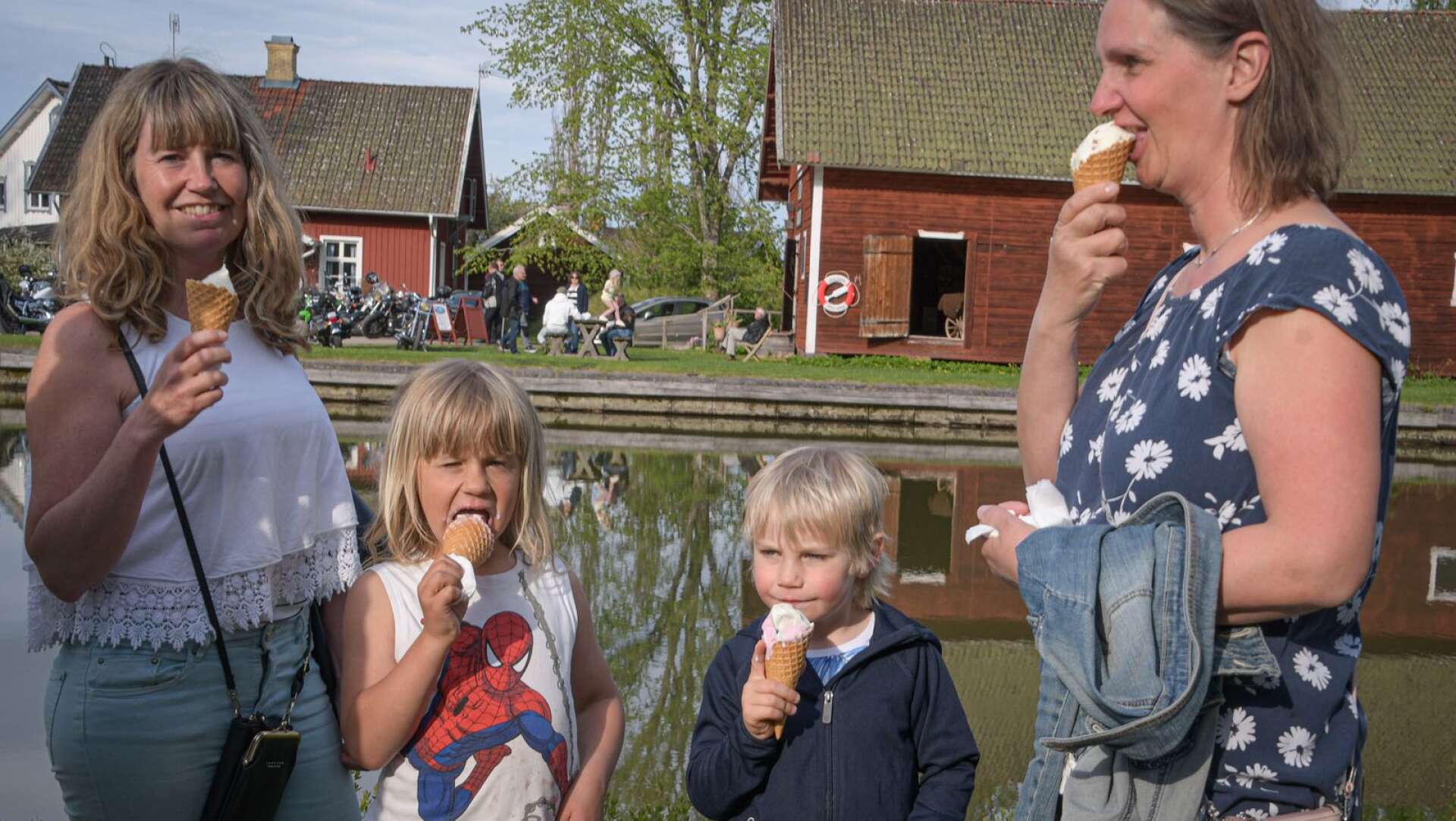 Susanna, Harry och Frans Lindström och Andrea Eriksson ägnar sig åt en annan viktig aktivitet på Hajstorpsträffarna - glassätande.