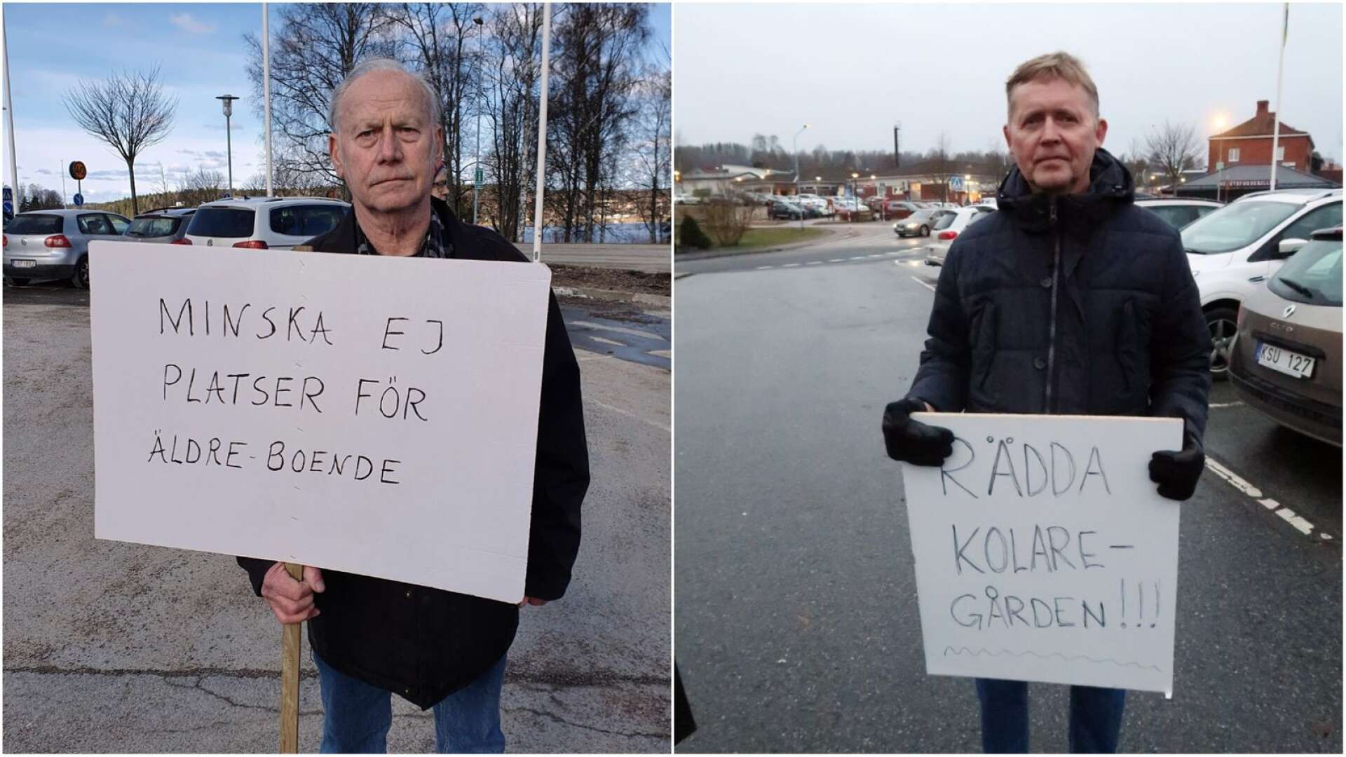 Åke I Andersson och Roland Staf under en av de demonstrationer som hölls på Tingshustorget i Bengtsfors för att försöka påverka politikerna att ändra sig om Kolaregården.