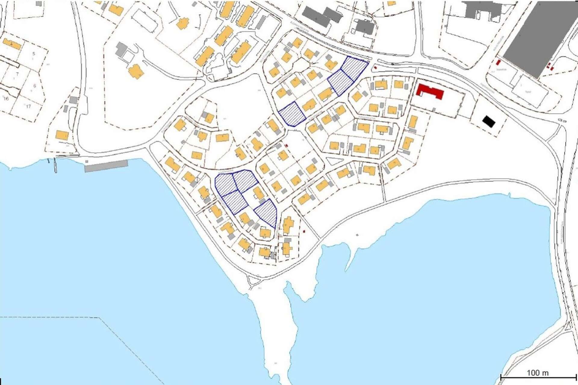 De sju tomter som kan komma i fråga för sanering är markerade på kartan. Dessa finns på Kokerigatan och Blekerigatan.