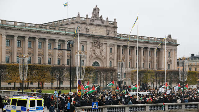 Demonstranter utanför riksdagen på Norrbro till stöd för Palestina i november i år.