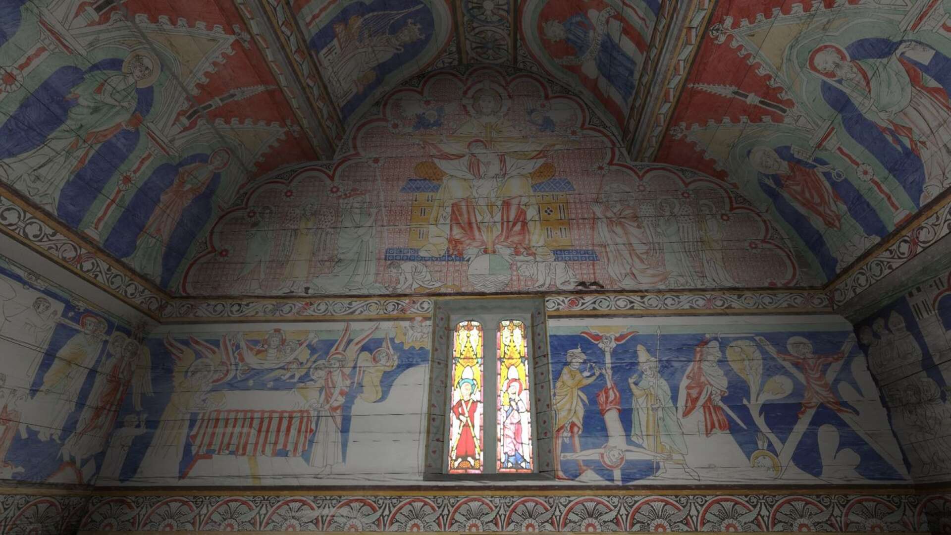 Bild från digital 3D-modell som används i appen där man kan se medeltida målningar från Södra Råda gamla kyrka. 