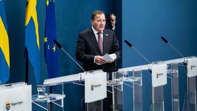 Stefan Löfven vid dagens presskonferens.