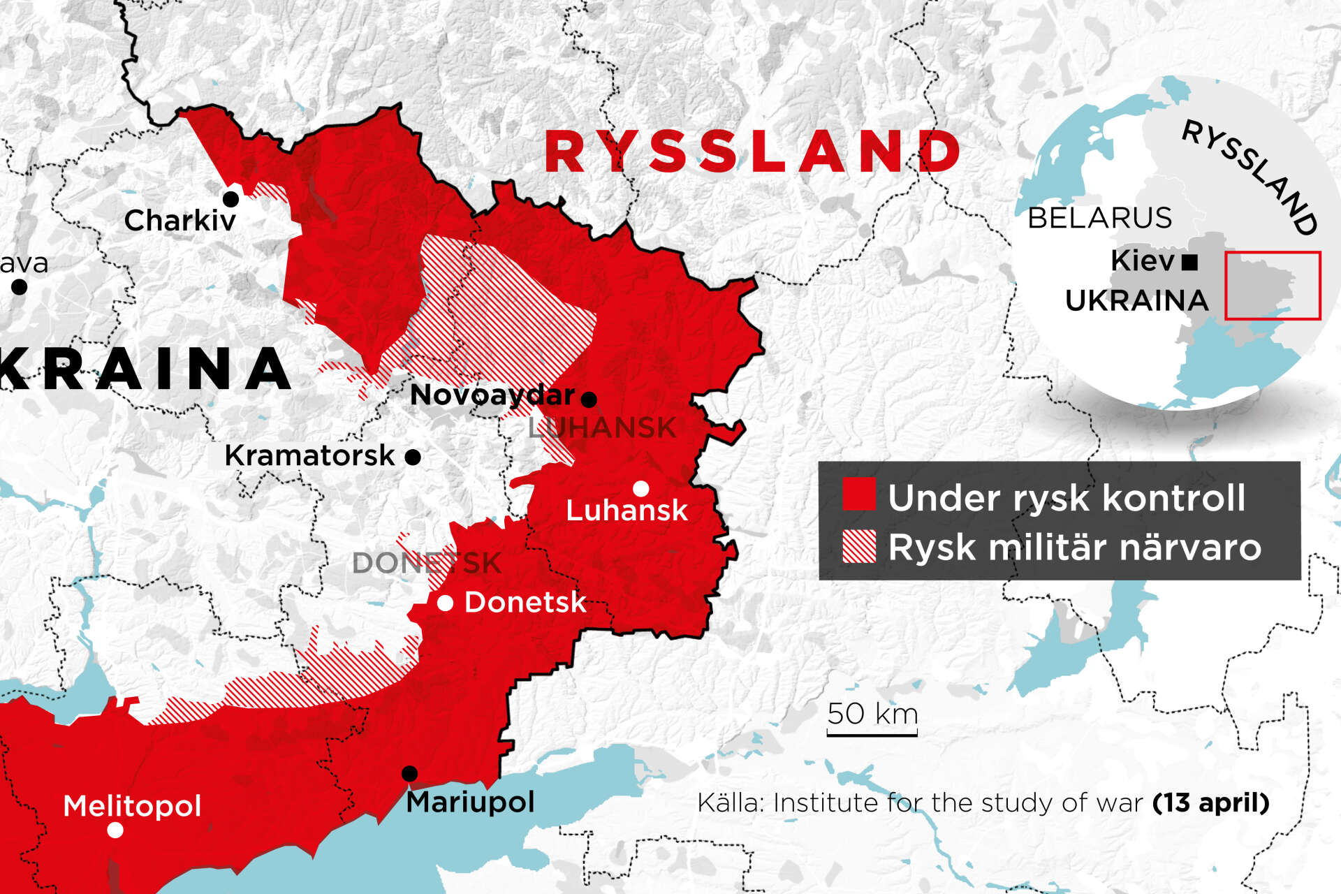 Landområden i östra Ukraina under rysk kontroll samt områden med rysk militär närvaro.