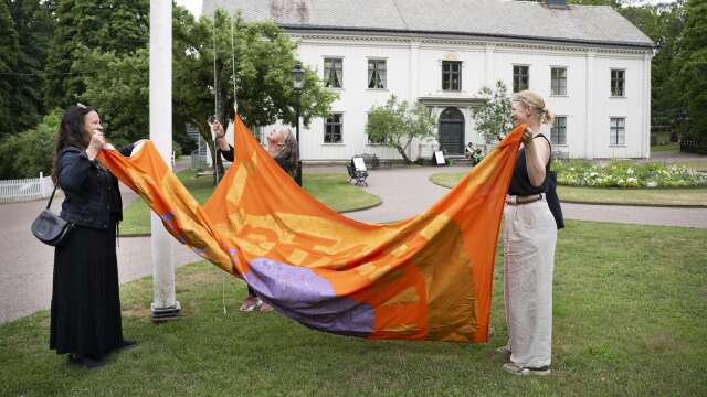 Helene Karlsson, Anna Ehnsiö och Sara Falkstad i gruppen ”Otalt” hyllar Frödings mor, Emilia, genom att hissa en flagga med hennes motiv. 