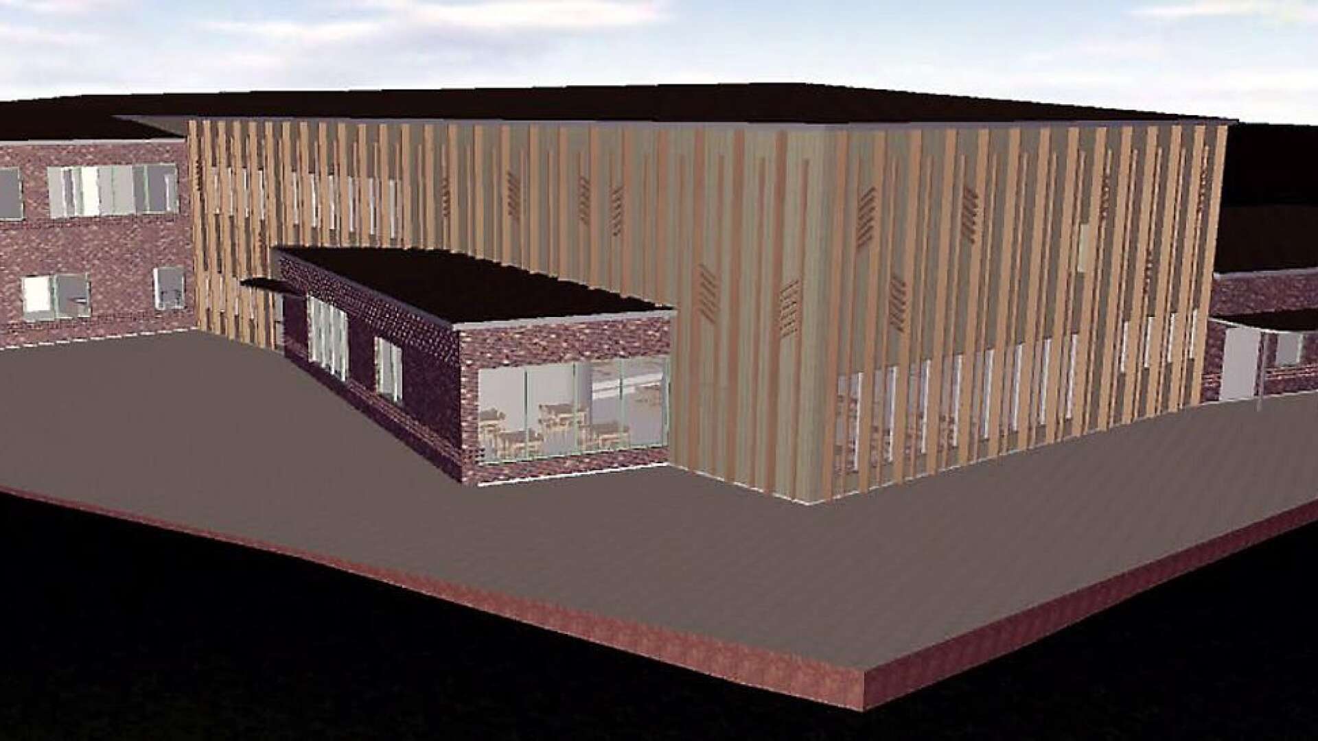 Den nya skolan sed snett från Lundbyvägen med huvudentrén och matsalen som sticker ut från tvåplansbyggnaden.