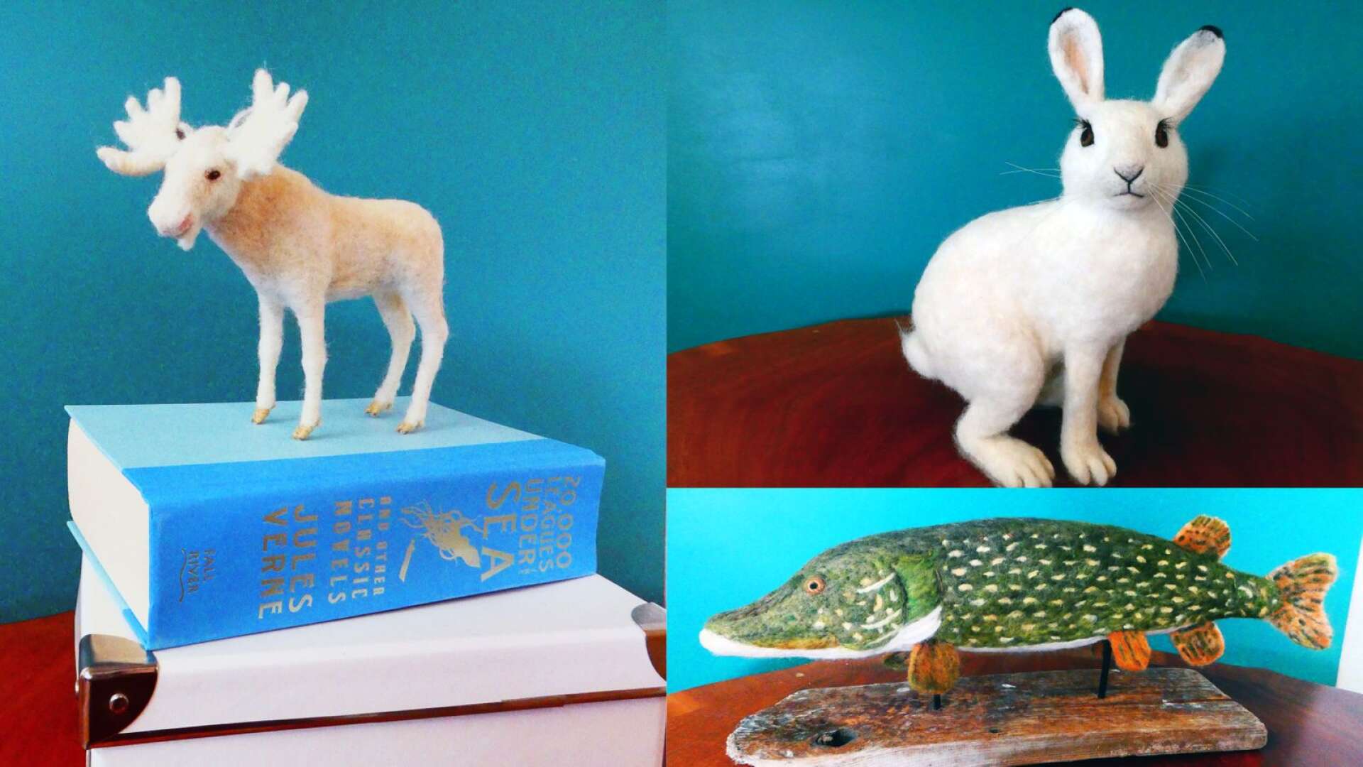 Den kända vita älgen Ferdinand i miniatyrformat, en vit skogshare och igelkott är några av djuren i utställningen.